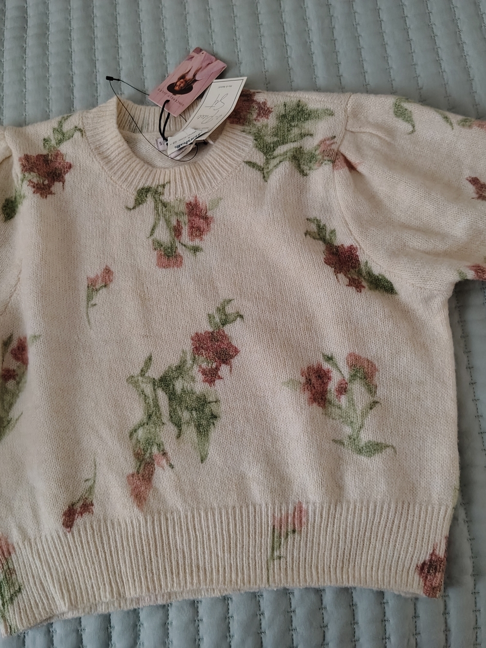 Women's Floral Crewneck Sweater - Cream with Pink & Green Floral